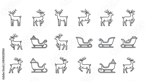 Collection of Reindeer and Sleigh Icons for Christmas and Holidays.