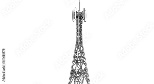 Detailed monochrome illustration of a communication tower against a blank background