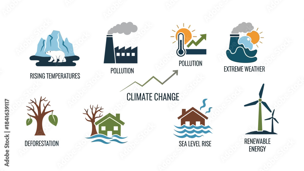 Naklejka premium Illustrative environmental impacts of climate change and renewable energy solutions graphic