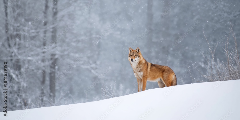 Fototapeta premium A red wolf in a snow-covered winter landscape, wildlife conservation awareness day