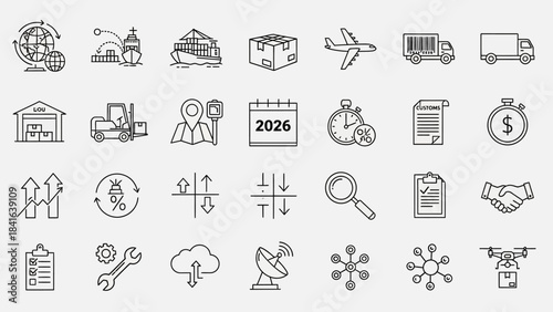 Outline illustration showcasing a comprehensive range of logistics and supply chain management
