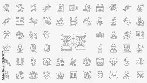 Collection of Linear Icons Depicting Scientific Research and Development Activities in Genetics