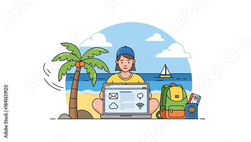 Woman working remotely on tropical beach using laptop with backpack and passport illustration