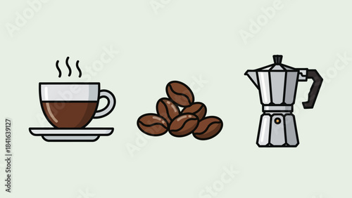 Coffee Time Essentials: Cup of Coffee, Beans, and Moka Pot Illustration on Soft Background