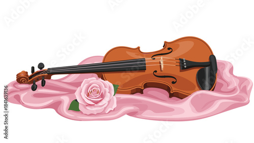 A brown violin with a pink rose on a pink cloth