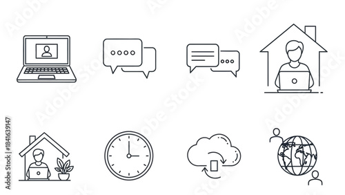 Thin line illustrations depict remote work, communication, and global interaction
