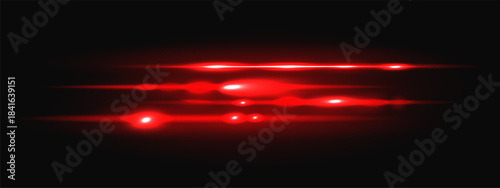 Neon red light with laser beam flare and bright glow for digital technology background. Energy ray with speed shine effect in black space. Abstract horizontal vector beam transparent