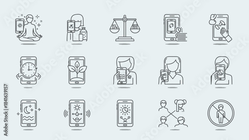 Conceptual smartphone applications showing well-being, sustainability, time management, and safety