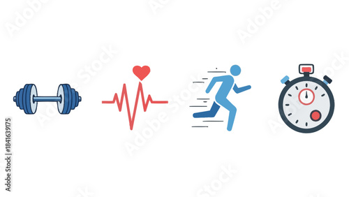 Diverse fitness regime depiction: weightlifting, cardiovascular health, running and timing for