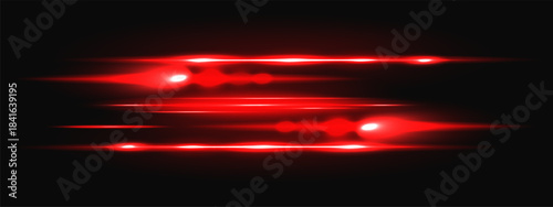 Red laser light with neon beam and glowing flare speed for tech background. Bright energy ray with digital shine effect in dark space. Abstract vector horizontal line isolated overlay