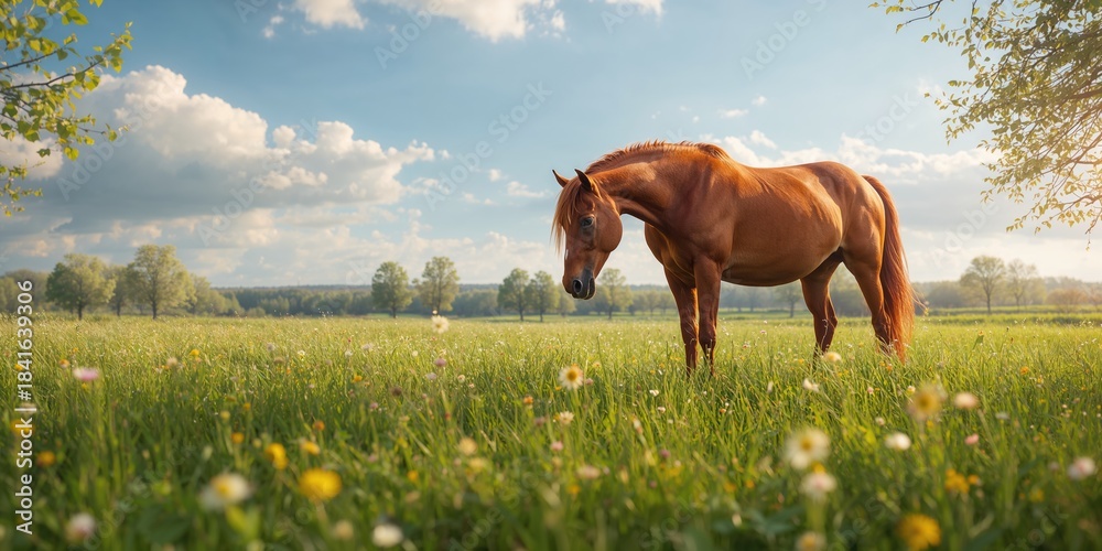 Fototapeta premium Grazing red horse in lush spring meadow, highlighting natural feeding behavior