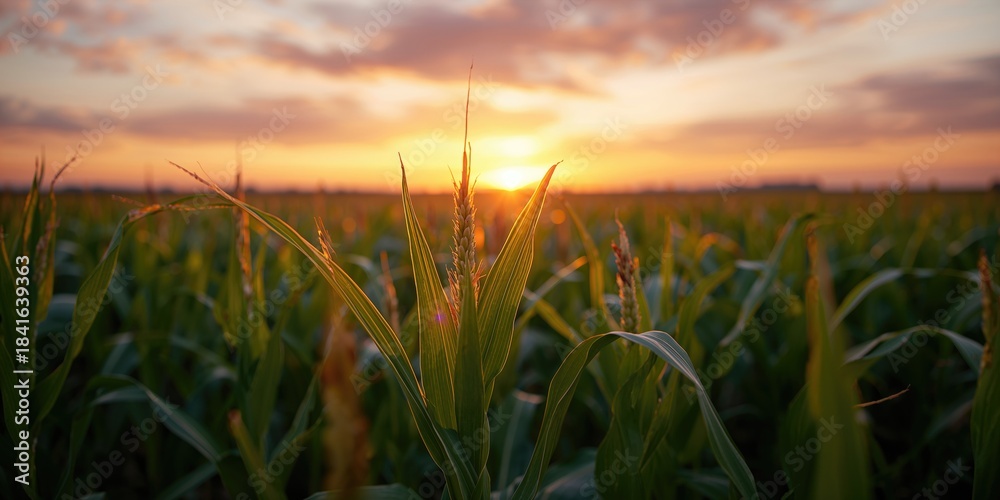Fototapeta premium Sunset over corn fields highlighting warm tones for agricultural scenery, World Environment Day