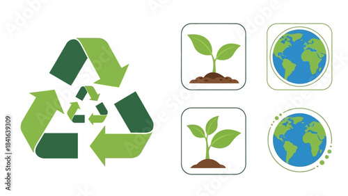 Illustrations of ecological conservation with recycle, growing plants, and earth icons