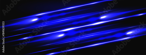 Light blue laser with beam neon and horizontal line flare for casino or magic background. Bright streak with digital shine speed effect in dark space. Abstract vector motion ray explosion