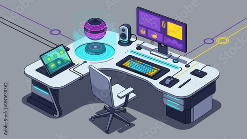Futuristic workstation setup with advanced technology and streamlined design for digital tasks