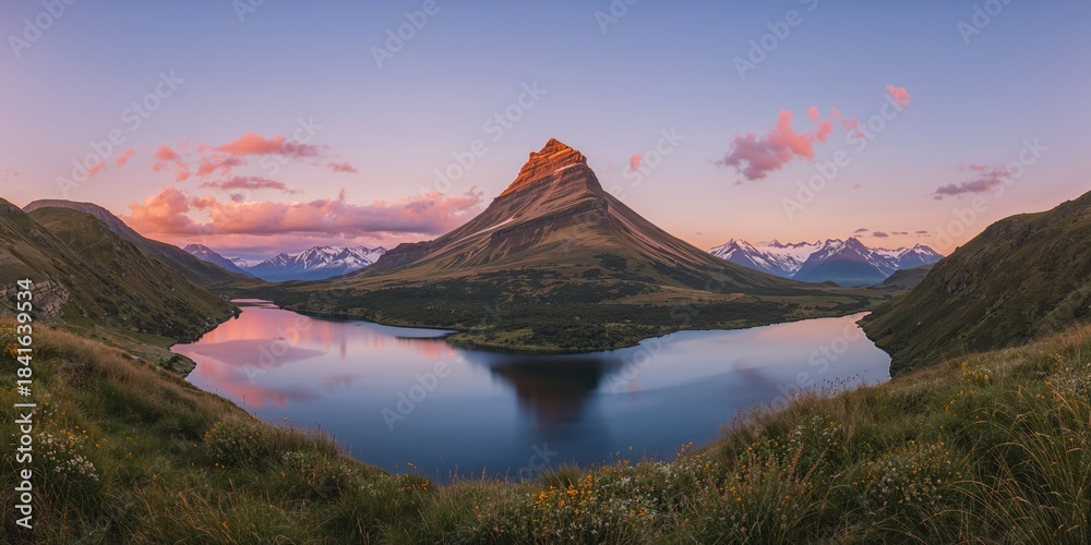Naklejka premium Panoramic view of a mountain peak near a lake at sunset with Mount Aspiring in the distance, natural landscape preservation day