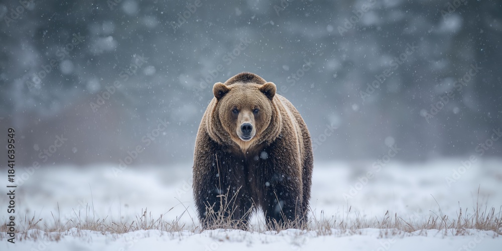 Fototapeta premium Large male brown bear on snowy terrain wildlife observation, conservation awareness