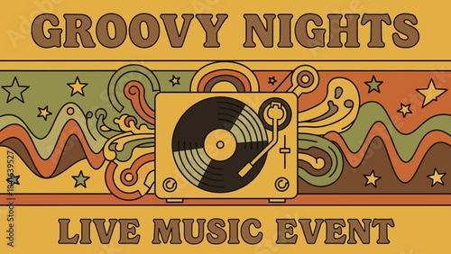 Retro music event poster with vintage turntable and psychedelic decorative elements