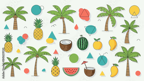 Tropical paradise pattern with palm trees, exotic fruits and geometric shapes in bright colors