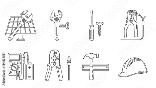 Detailed black and white line illustration of tools used in renewable energy and electrical work
