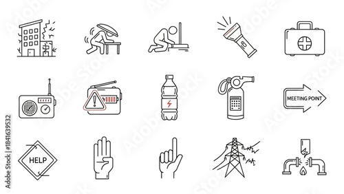 Essential preparedness line art icons for unforeseen natural disasters and unexpected emergencies