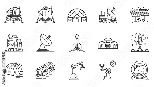 Set of linear space exploration icons depicting lunar modules, habitats, and equipment for