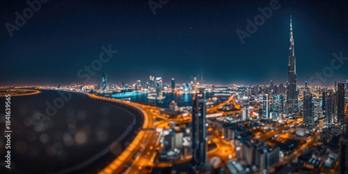 Wallpaper Mural Dubai night city skyline illuminated by skyscrapers, serving as a vibrant urban backdrop for cityscape designs Torontodigital.ca