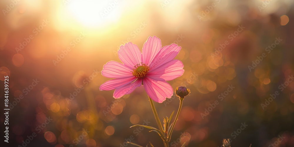 Obraz premium Cosmos flower illuminated by morning sunlight against a bokeh background, seasonal bloom