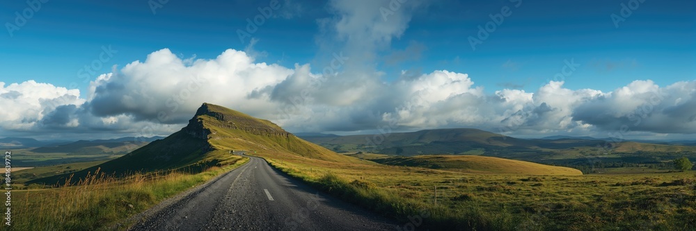 Naklejka premium White clouds drifting over a rugged hillside with a narrow rural road, ideal for landscape photography backgrounds