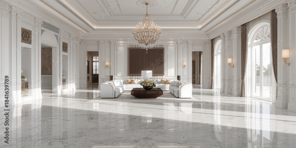 Obraz premium White living room with marble flooring and chandeliers, ideal for interior design layout planning