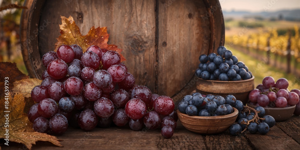 Fototapeta premium Grapes arranged on a table near an aged wine barrel and dishes, highlighting harvest activities, Earth Day