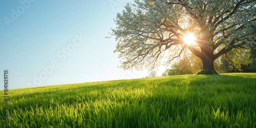Lush green grass with a tre...