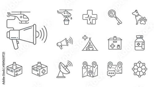 Humanitarian aid outline icon set representing assistance, support, and disaster relief efforts