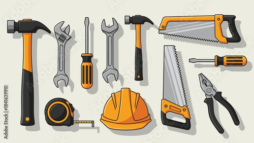 Variety of construction tools scattered artistically isolated on a plain background