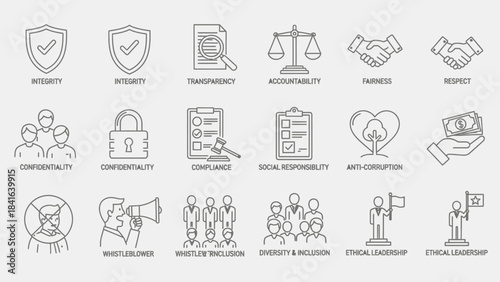 Business ethics and compliance principles outline icon set vector presentation