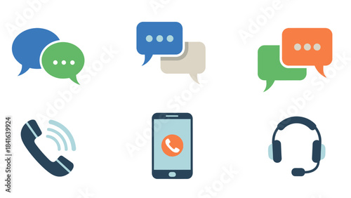 Diverse communication methods depicted with speech bubbles, telephone, mobile and headset graphic