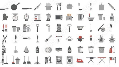 Collection of vector icons representing kitchen appliances and domestic cleaning equipment, a