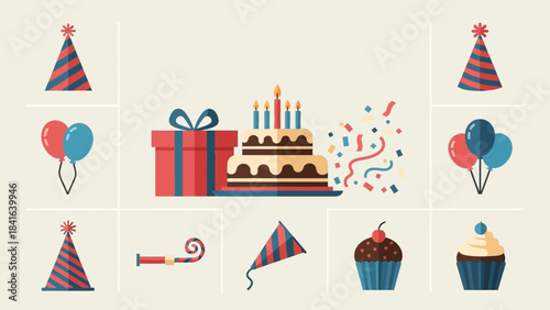 Delightful birthday celebration illustration with iconic party elements design