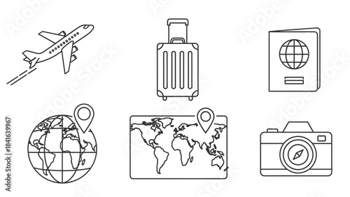 Line Art Travel Icons: Airplane, Suitcase, Passport, World Map, Globe and Camera