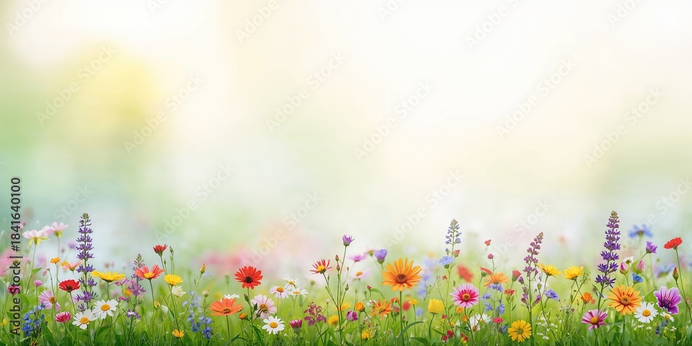 Naklejka premium Multi-colored wildflowers on a light background used as a cheerful floral pattern for design, sunny day, Earth Day