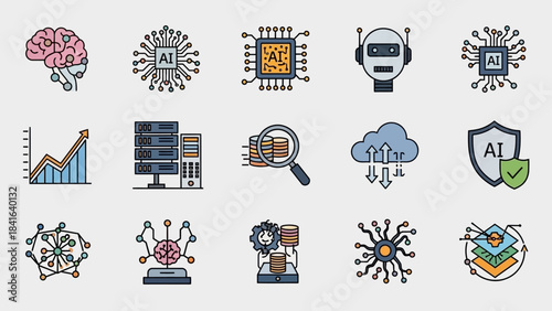 Diverse set of artificial intelligence icons illustrating technological advancements and innovation