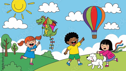 Cartoon illustration of children, dog, dragon kite, and hot air balloon in a joyful park scene