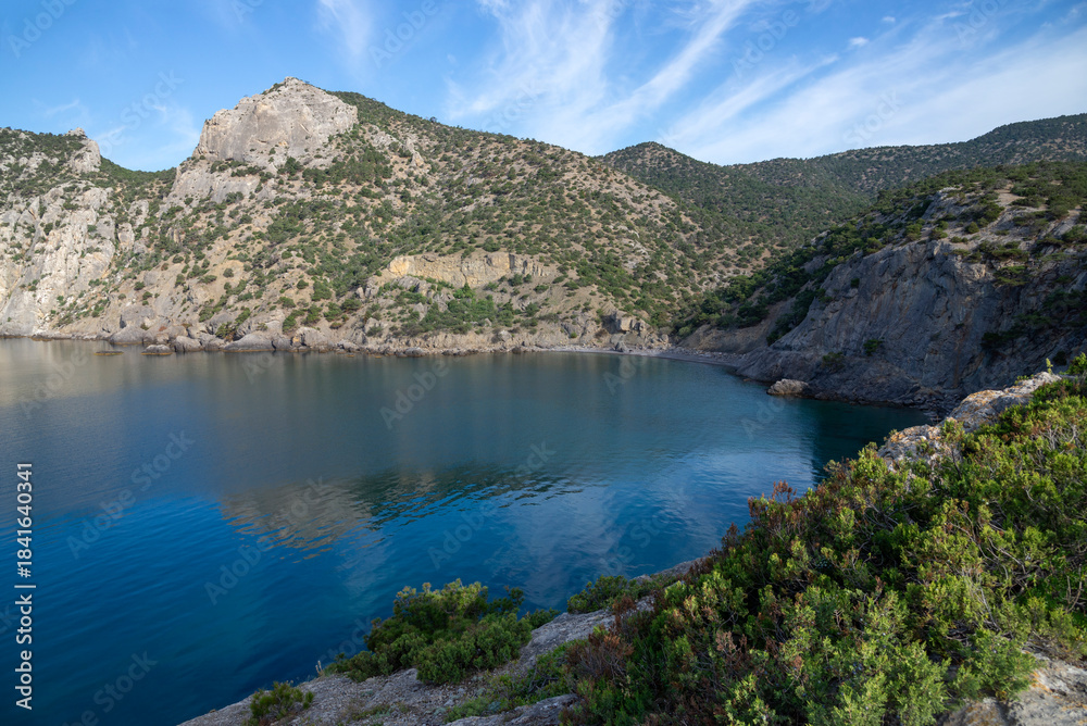 Naklejka premium Top view of the Blue (Tsarskaya) Bay, Novy Svet settlement, Crimea
