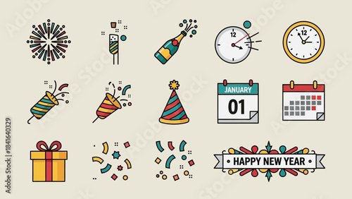 Colorful celebration icons with new year elements to illustrate a festive occasion