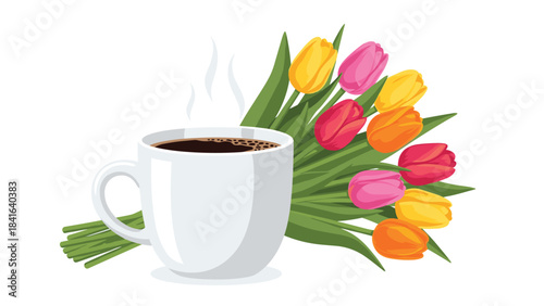 A steaming cup of coffee with a bouquet of colorful tulips on the side for a lovely morning scene
