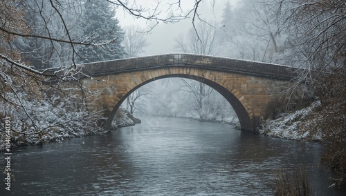 Snow-covered stone bridge d...