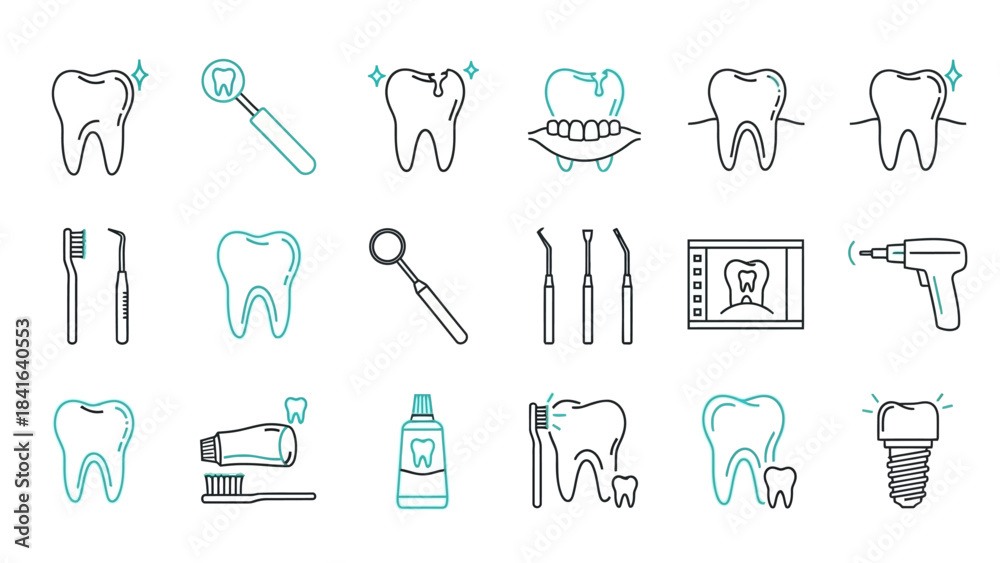 Obraz premium Dental care elements icon set, dentistry tools and hygiene products in line style