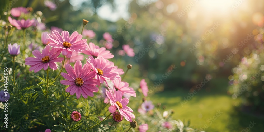 Obraz premium Blooming Cosmos flowers in a garden, highlighting native plant growth, World Flower Day