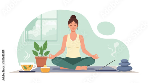 Woman practicing mindful meditation in a serene environment for wellness and relaxation