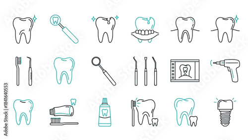 Dental care elements icon set, dentistry tools and hygiene products in line style